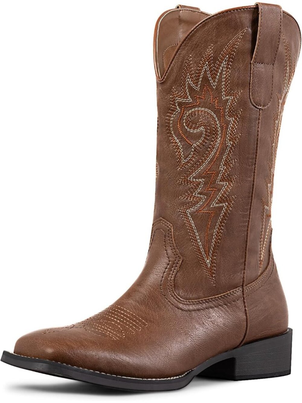 Women's Wide Calf Square Toe Western Boots Brown Embroidery Cowgirl Boots